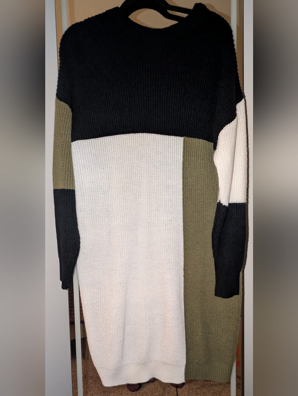 Colorblock Black, White & Olive Green Women’s Sweater Dress